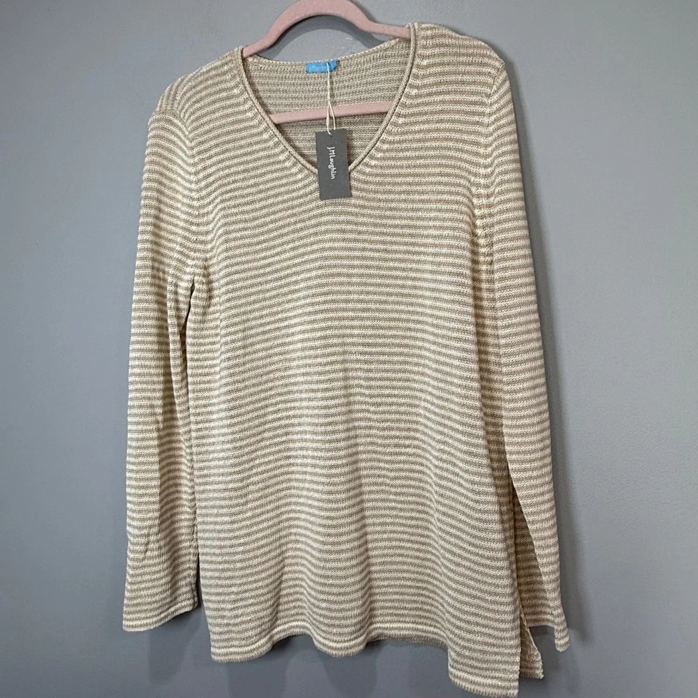 J. McLaughlin Havana Yarn Striped V-Neck Sweater Tan White XL NWT